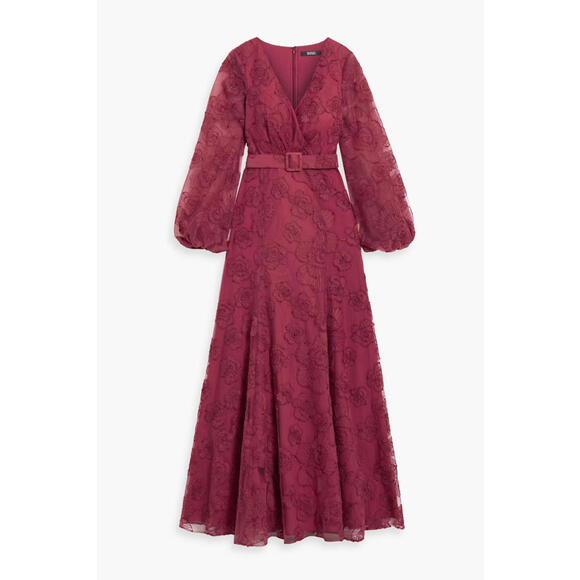 New, Badgley Mischka Belted Embroidered Tulle Gown in Burgundy Size 12 #LD062